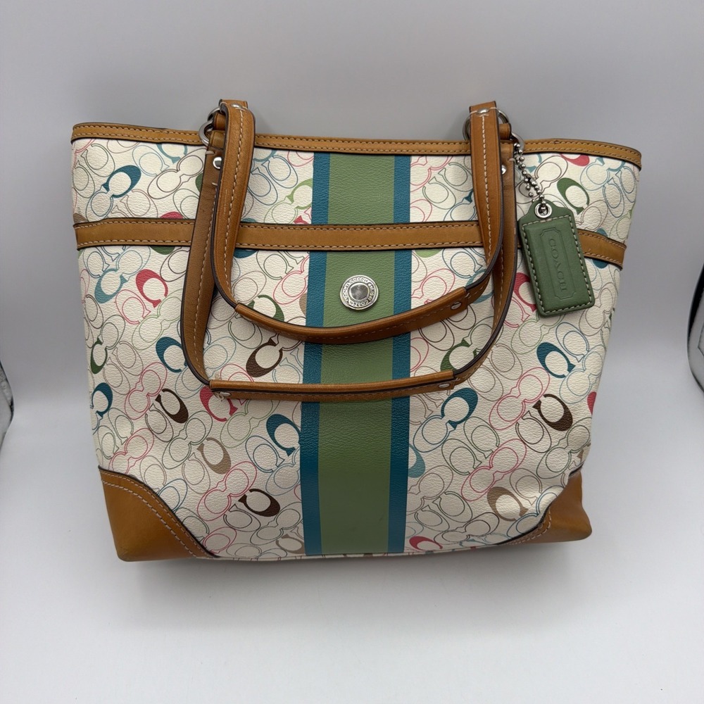 Coach Chelsea Heritage Stripe Signature Tote F15139 Multicolor White / Teal